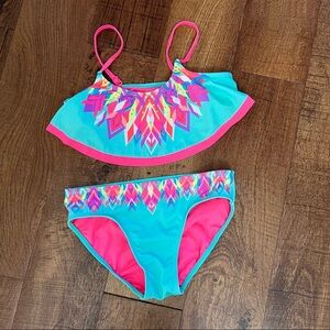 Justice girls bikini swim bathing suit 2 piece Sz 14/16 blue green design